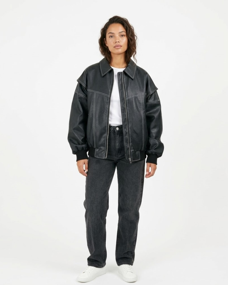 Chola Bomber pentru femei oversize din piele – Geacă retro cu fermoar, stil urban