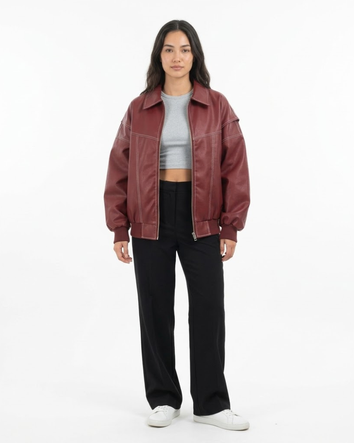Chola Bomber pentru femei oversize din piele – Geacă retro cu fermoar, stil urban