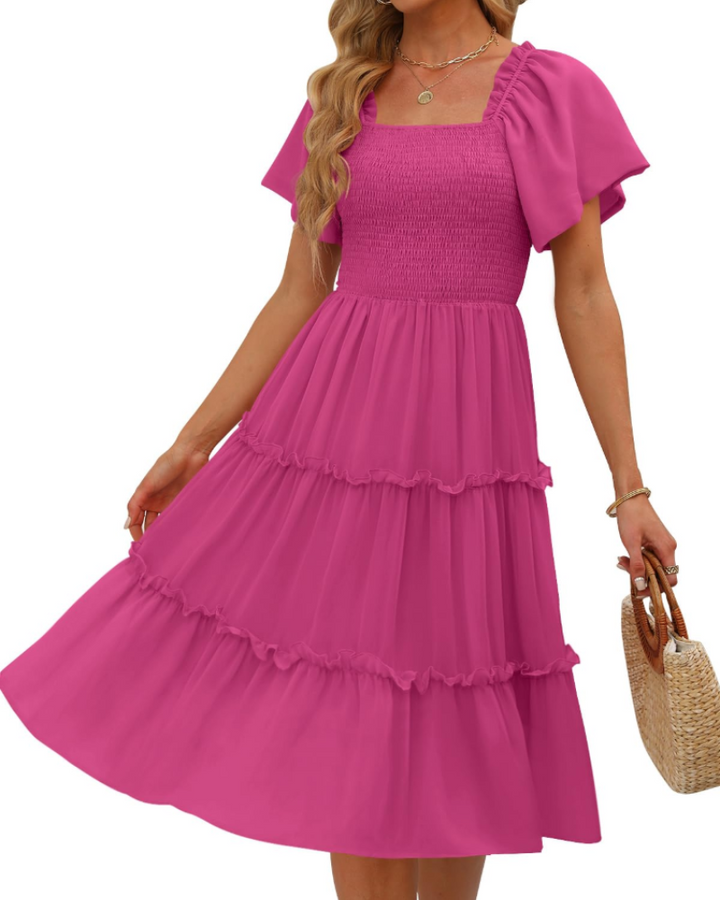 Karylle Midi-Kleid für Damen – Quadratischer Ausschnitt, Gummizug-Smoking & Volantärmel