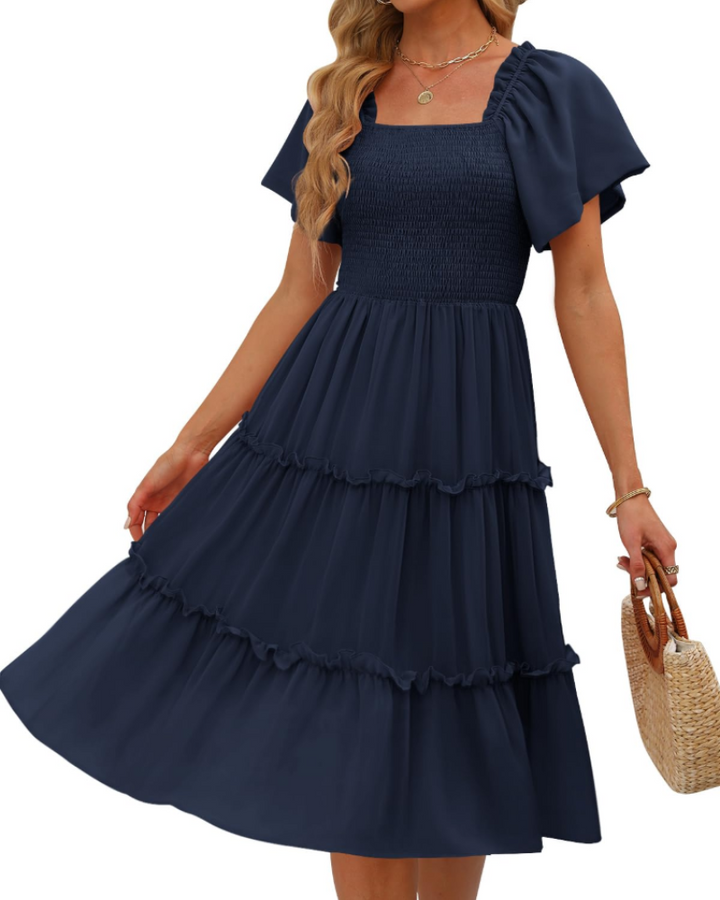 Karylle Midi-Kleid für Damen – Quadratischer Ausschnitt, Gummizug-Smoking & Volantärmel