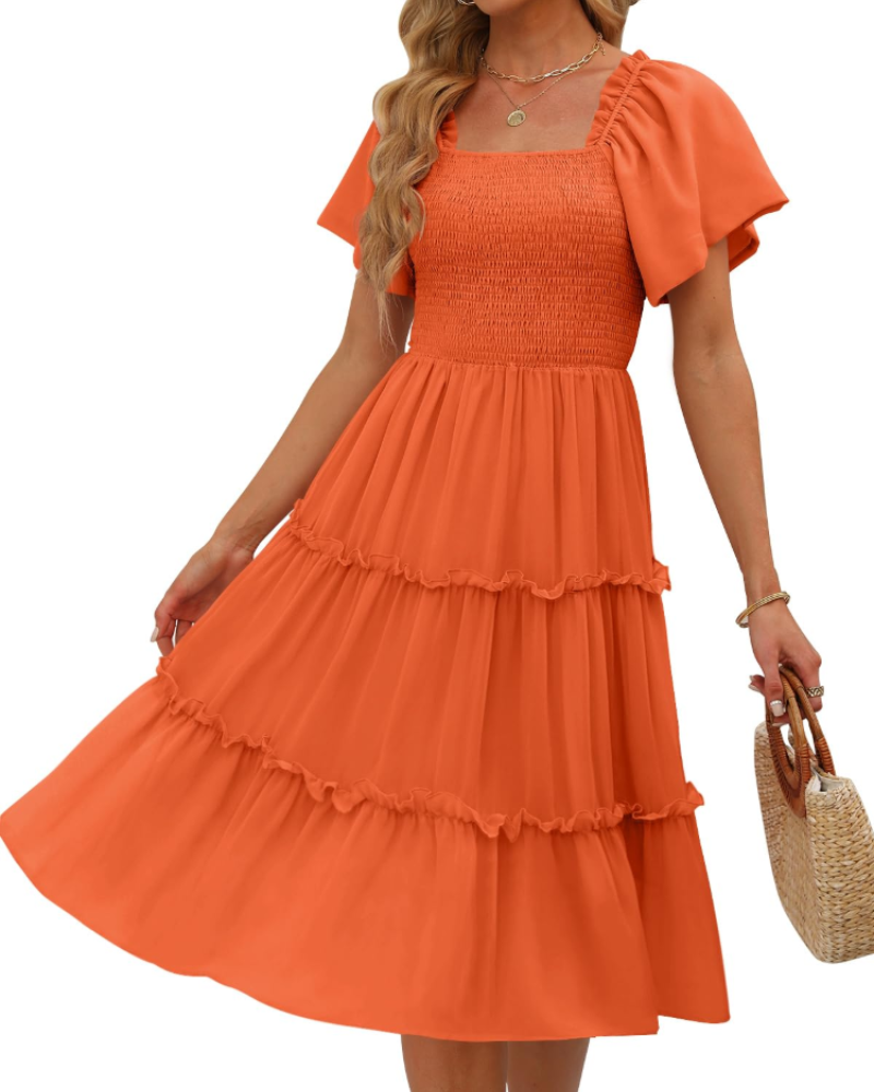 Karylle Midi-Kleid für Damen – Quadratischer Ausschnitt, Gummizug-Smoking & Volantärmel