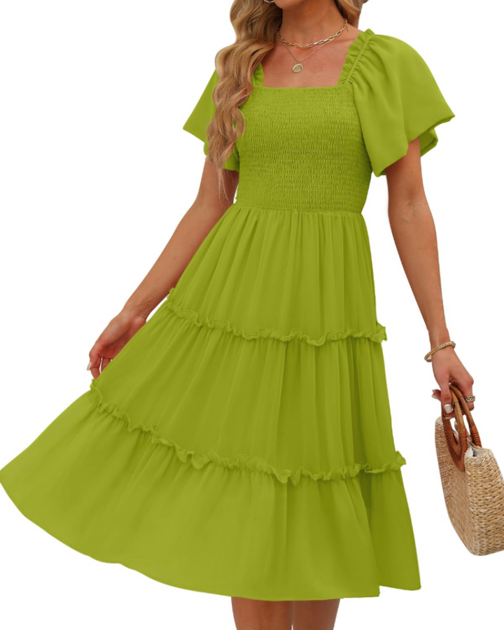 Karylle Midi-Kleid für Damen – Quadratischer Ausschnitt, Gummizug-Smoking & Volantärmel