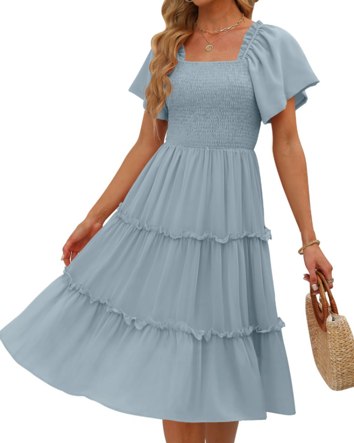Karylle Midi-Kleid für Damen – Quadratischer Ausschnitt, Gummizug-Smoking & Volantärmel