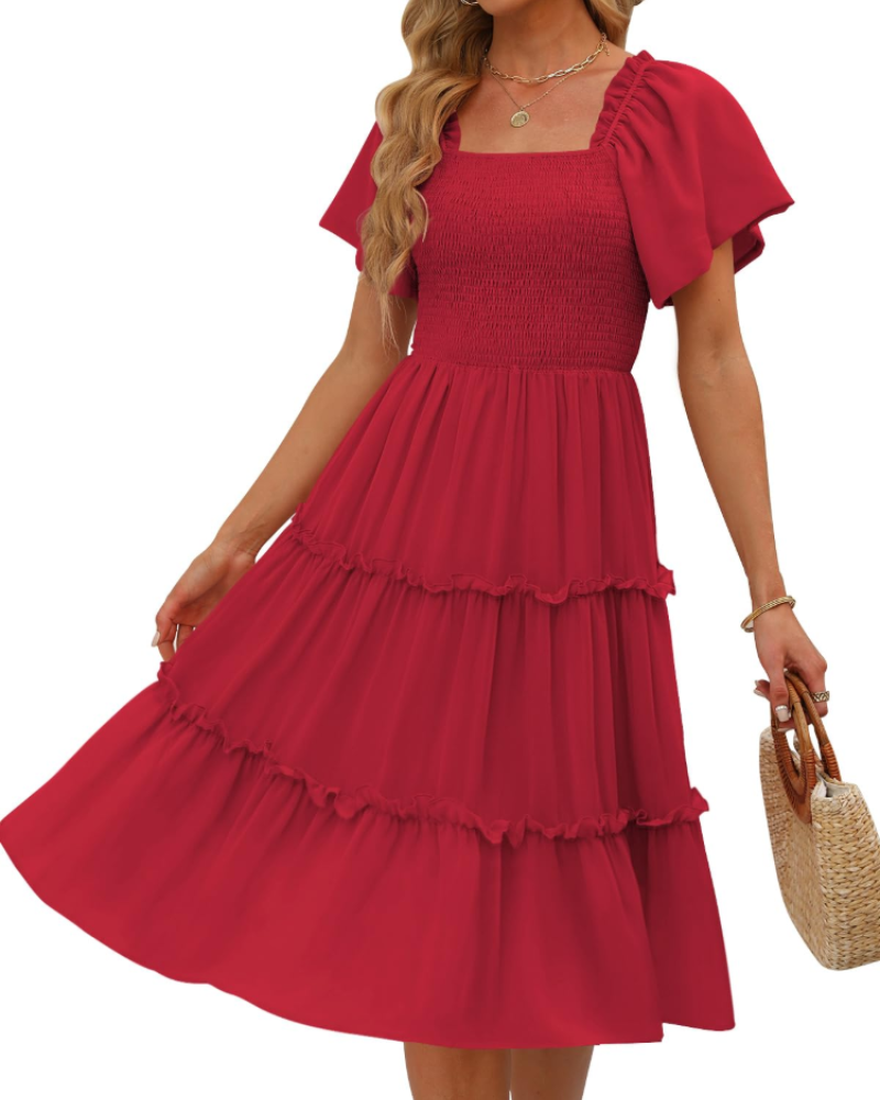 Karylle Midi-Kleid für Damen – Quadratischer Ausschnitt, Gummizug-Smoking & Volantärmel