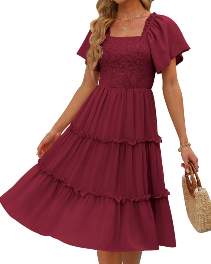 Karylle Midi-Kleid für Damen – Quadratischer Ausschnitt, Gummizug-Smoking & Volantärmel