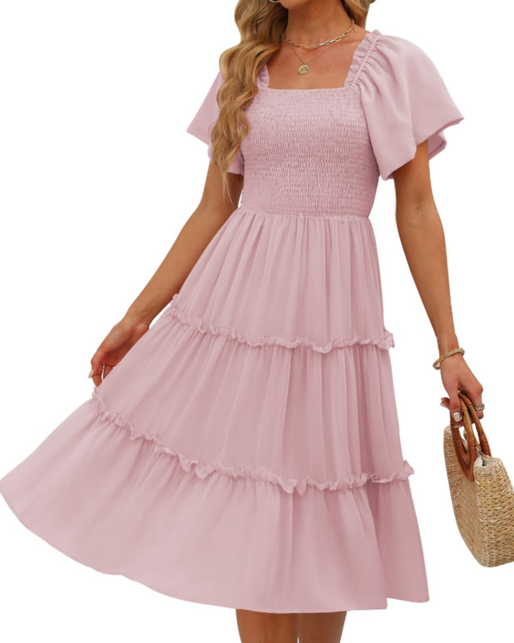 Karylle Midi-Kleid für Damen – Quadratischer Ausschnitt, Gummizug-Smoking & Volantärmel