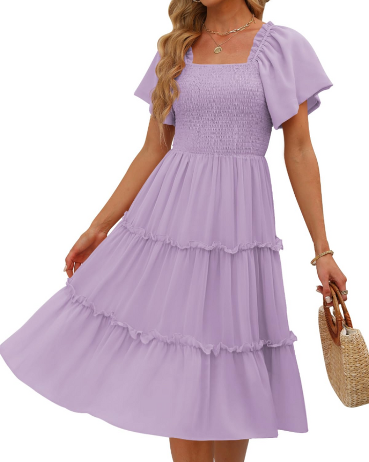 Karylle Midi-Kleid für Damen – Quadratischer Ausschnitt, Gummizug-Smoking & Volantärmel