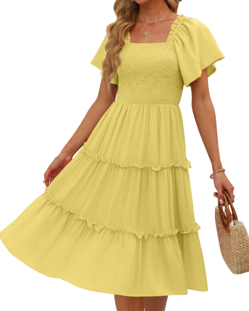 Karylle Midi-Kleid für Damen – Quadratischer Ausschnitt, Gummizug-Smoking & Volantärmel