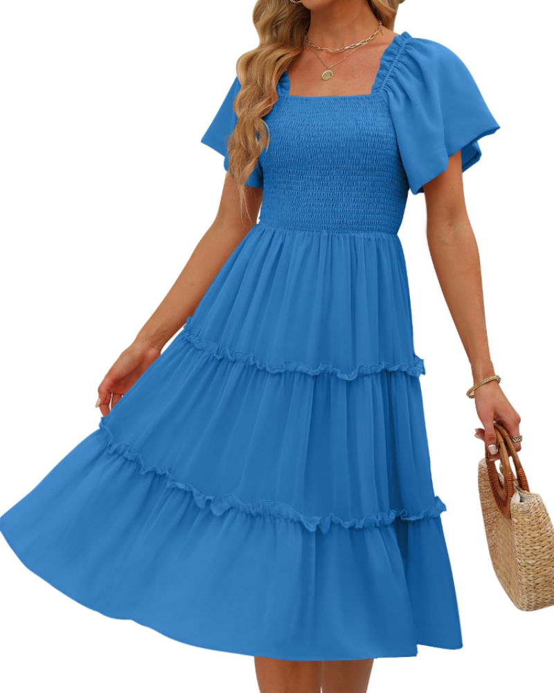 Karylle Midi-Kleid für Damen – Quadratischer Ausschnitt, Gummizug-Smoking & Volantärmel