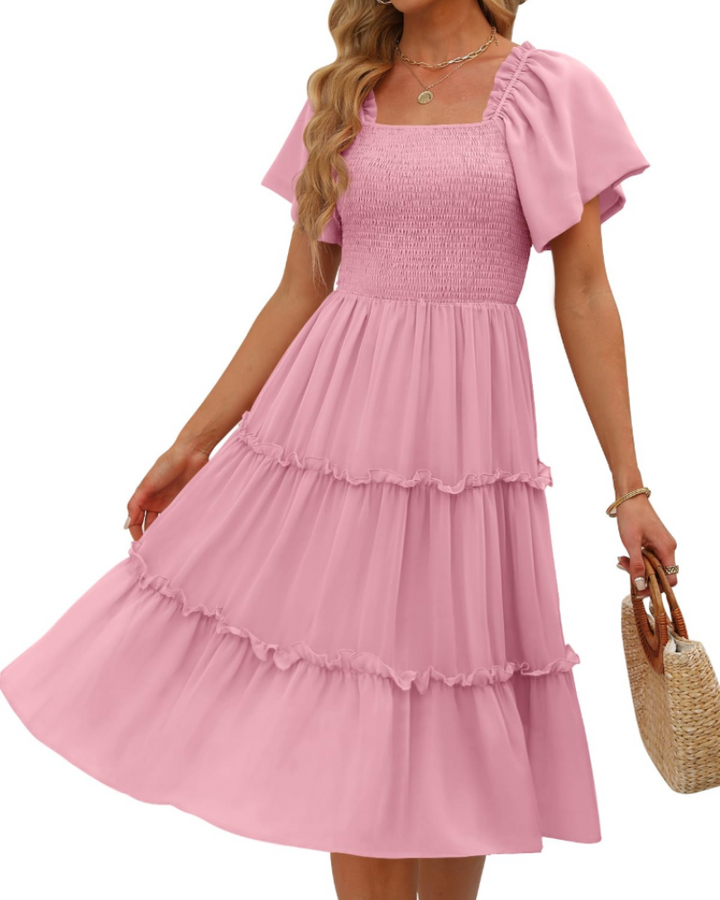 Karylle Midi-Kleid für Damen – Quadratischer Ausschnitt, Gummizug-Smoking & Volantärmel