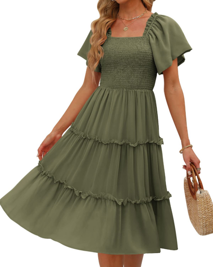 Karylle Midi-Kleid für Damen – Quadratischer Ausschnitt, Gummizug-Smoking & Volantärmel