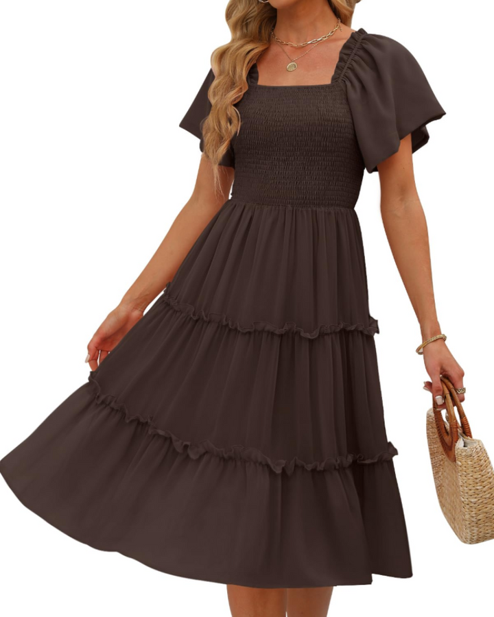 Karylle Midi-Kleid für Damen – Quadratischer Ausschnitt, Gummizug-Smoking & Volantärmel