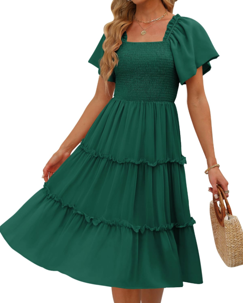 Karylle Midi-Kleid für Damen – Quadratischer Ausschnitt, Gummizug-Smoking & Volantärmel