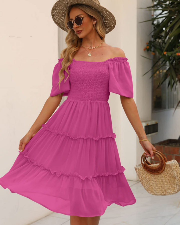 Karylle Midi-Kleid für Damen – Quadratischer Ausschnitt, Gummizug-Smoking & Volantärmel