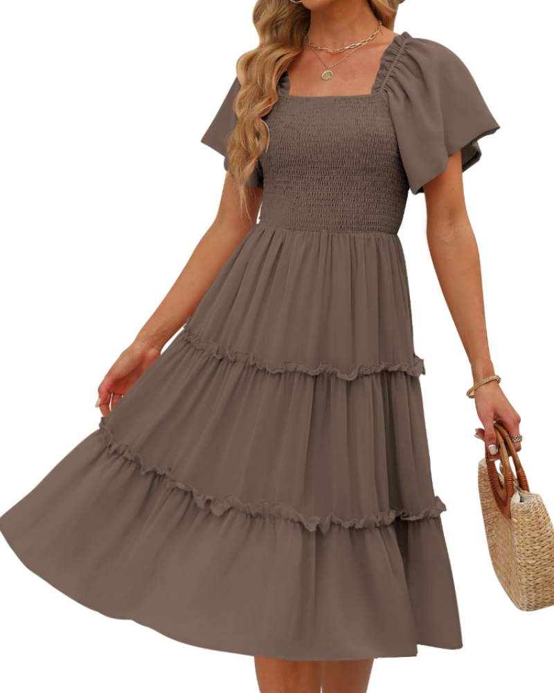 Karylle Midi-Kleid für Damen – Quadratischer Ausschnitt, Gummizug-Smoking & Volantärmel