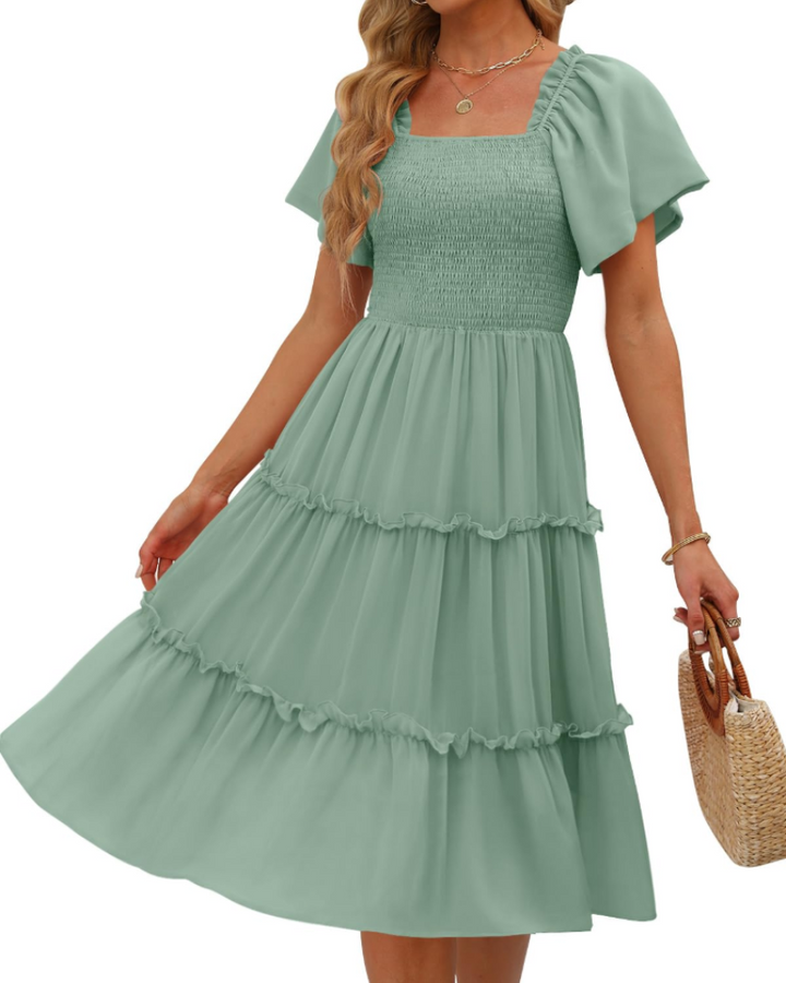 Karylle Midi-Kleid für Damen – Quadratischer Ausschnitt, Gummizug-Smoking & Volantärmel