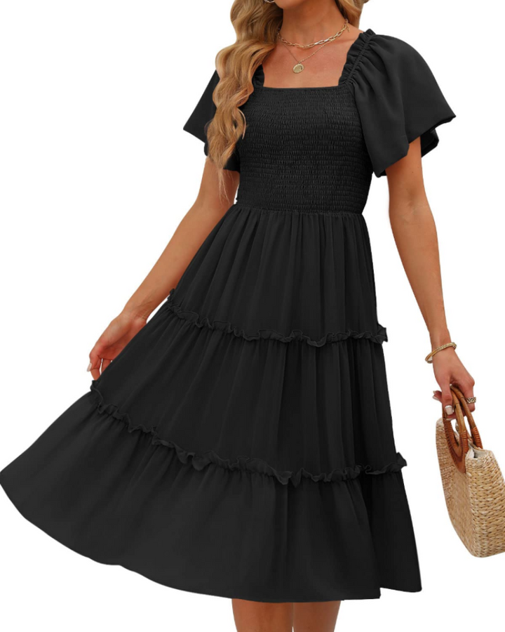 Karylle Midi-Kleid für Damen – Quadratischer Ausschnitt, Gummizug-Smoking & Volantärmel