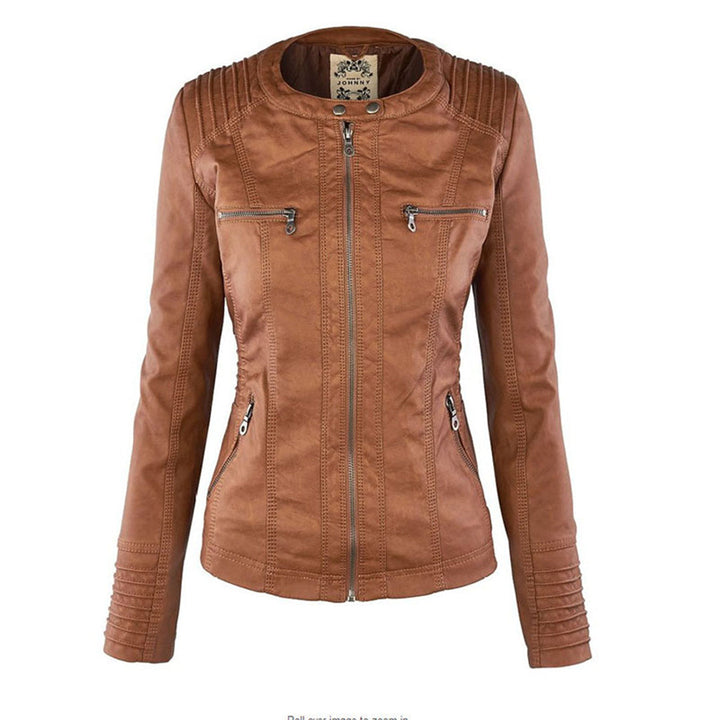 Lässige Lederjacke mit Kapuze und Reißverschluss für Damen | Lange Ärmel