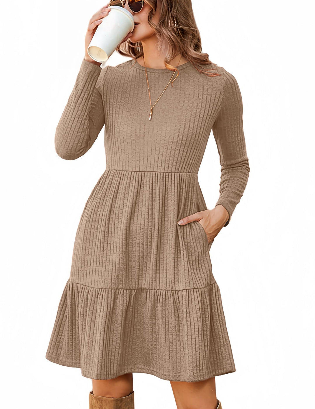 Lakelyn Vestito Donna Autunno – Maniche Lunghe, Collo Tondo & Tasche con Linea A Elegante