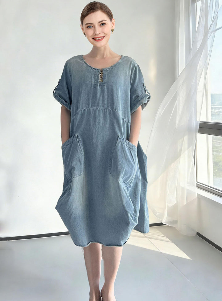 Wisteria Vestito Tunica Donna – Lino Cotone, Maniche Corte & Tasche Boho Oversize