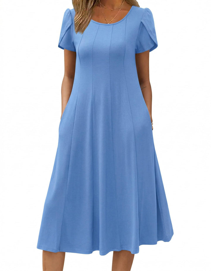 Belle robe midi femme – col rond, manches bouffantes et poches, ligne A élégante
