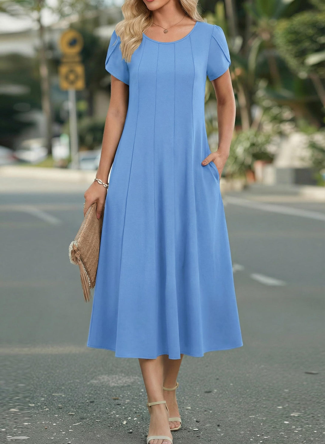 Belle robe midi femme – col rond, manches bouffantes et poches, ligne A élégante