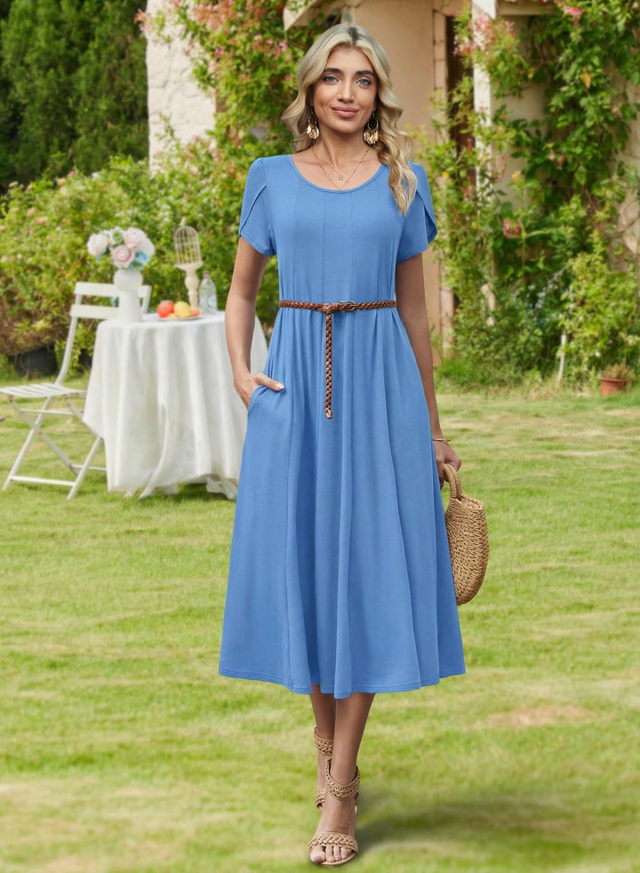 Belle robe midi femme – col rond, manches bouffantes et poches, ligne A élégante