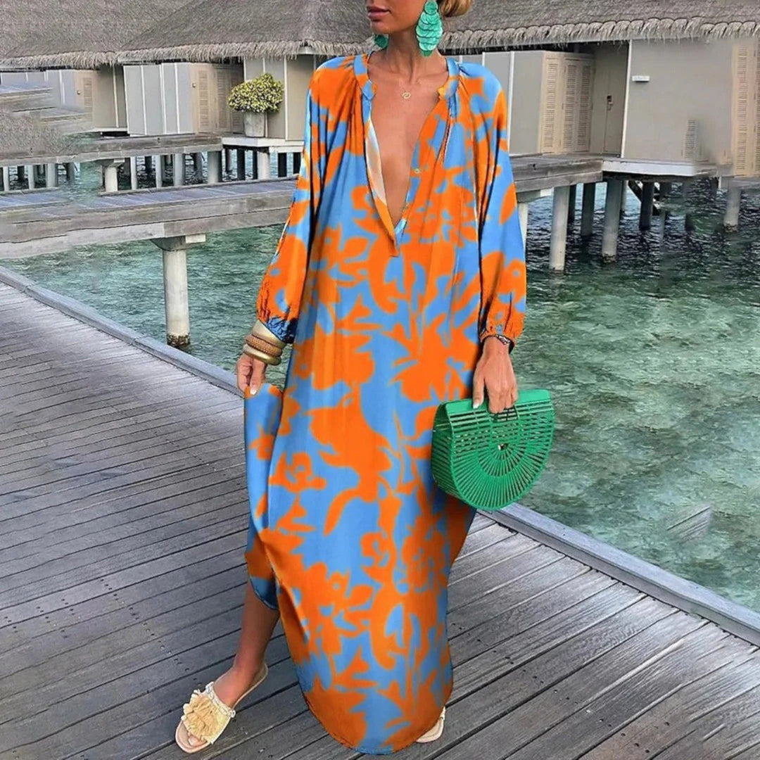 Oversized Bohemian Dress with V-Neck for Women | Maxi