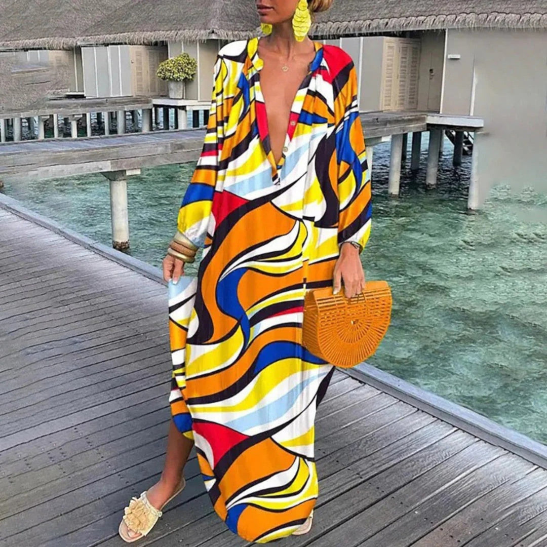 Oversized Bohemian Dress with V-Neck for Women | Maxi