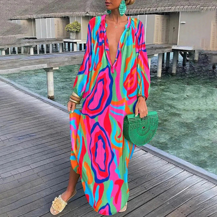 Oversized Bohemian Dress with V-Neck for Women | Maxi