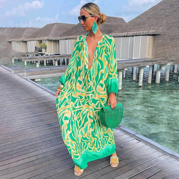Oversized Bohemian Dress with V-Neck for Women | Maxi