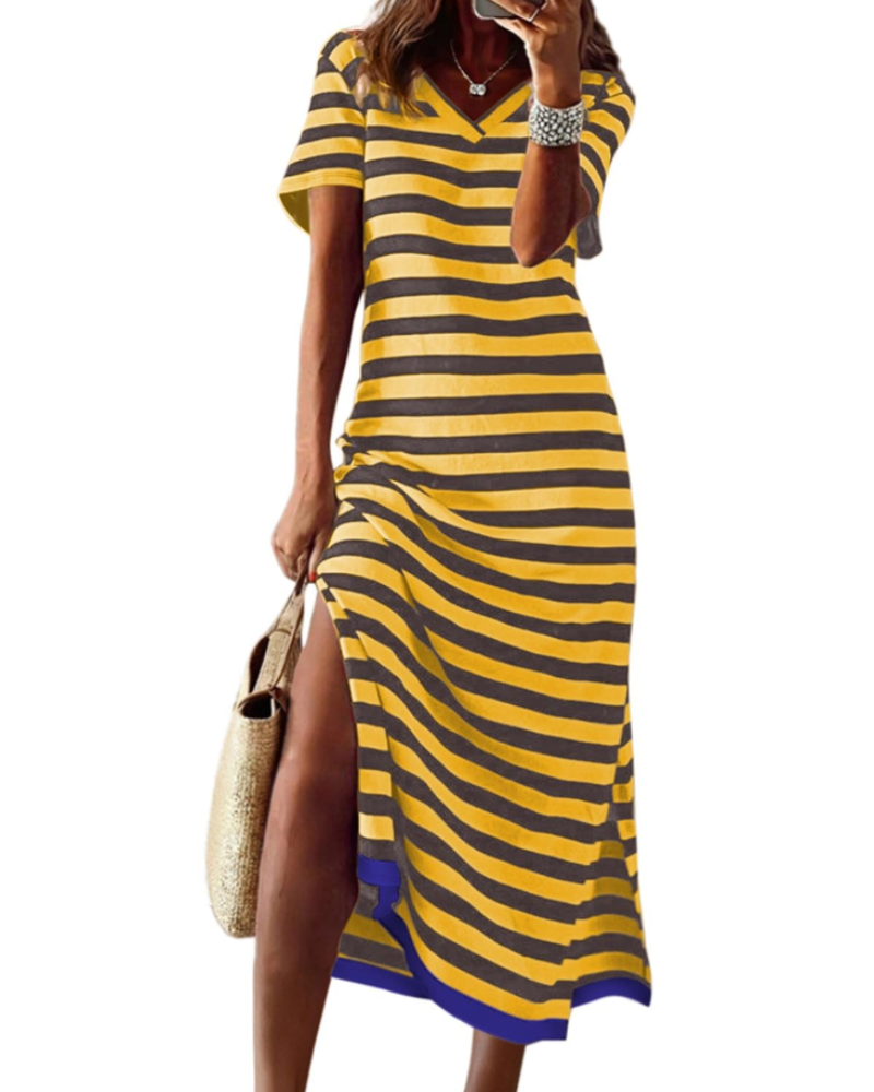 Sukienka maxi damska Marieta – paski color block, rozcięcie boczne i casualowa sukienka typu T-shirt