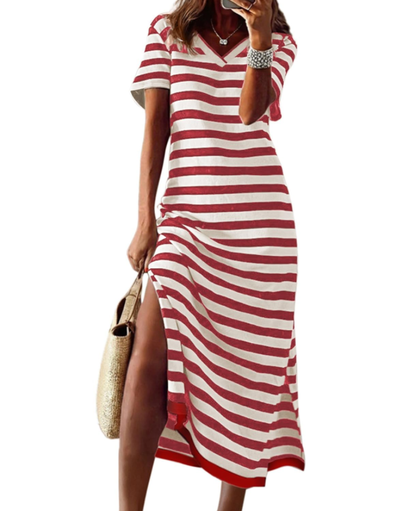 Sukienka maxi damska Marieta – paski color block, rozcięcie boczne i casualowa sukienka typu T-shirt