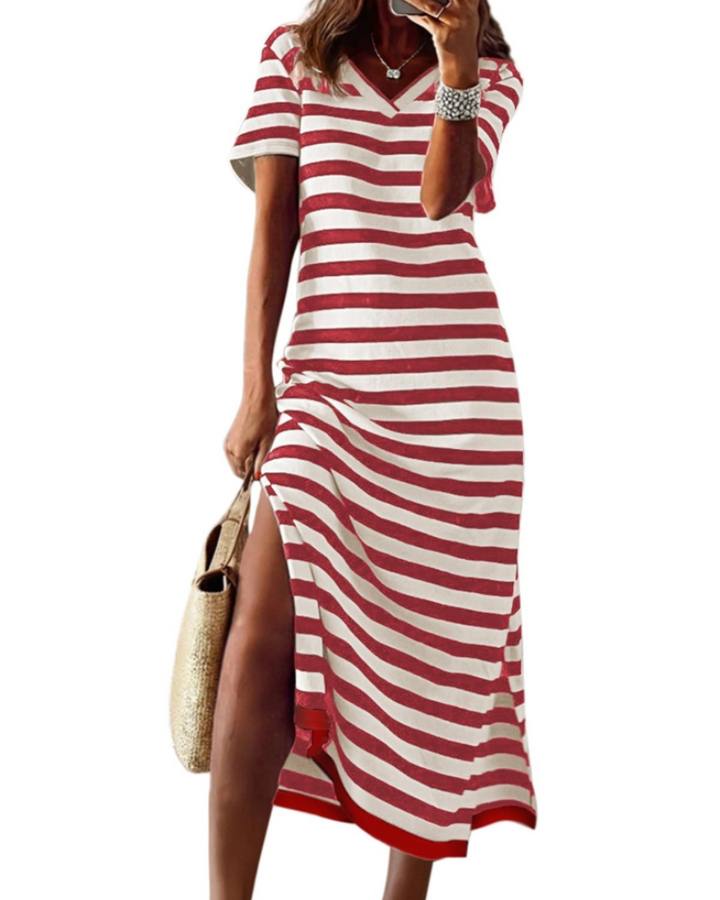 Sukienka maxi damska Marieta – paski color block, rozcięcie boczne i casualowa sukienka typu T-shirt