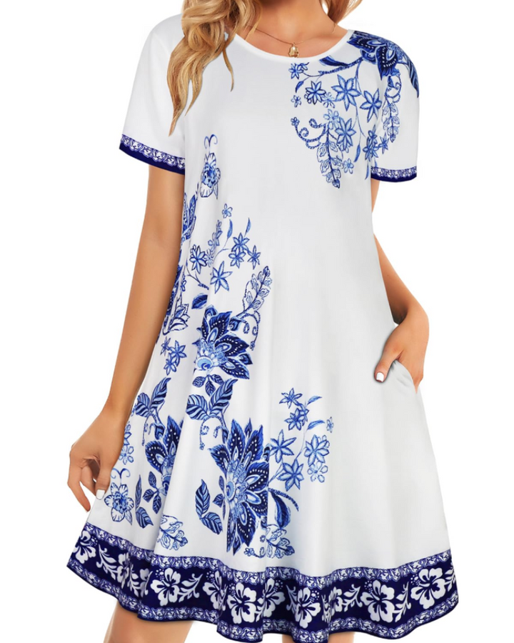 Merena Sukienka Letnia Damska – Kwiatowy T-shirt, Krótkie Rękawy i Casualowa Sukienka z Kieszeniami