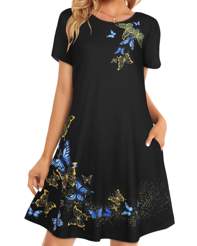 Merena Sukienka Letnia Damska – Kwiatowy T-shirt, Krótkie Rękawy i Casualowa Sukienka z Kieszeniami