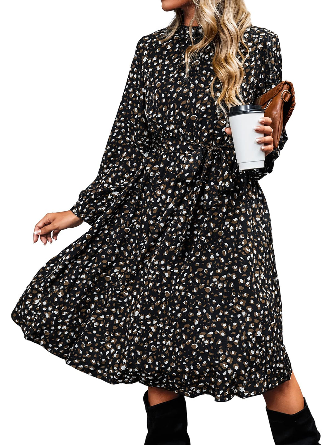 Lior Vestito Donna Leopardo – Collo Alto, Maniche Lunghe & Vita Regolabile A-Line