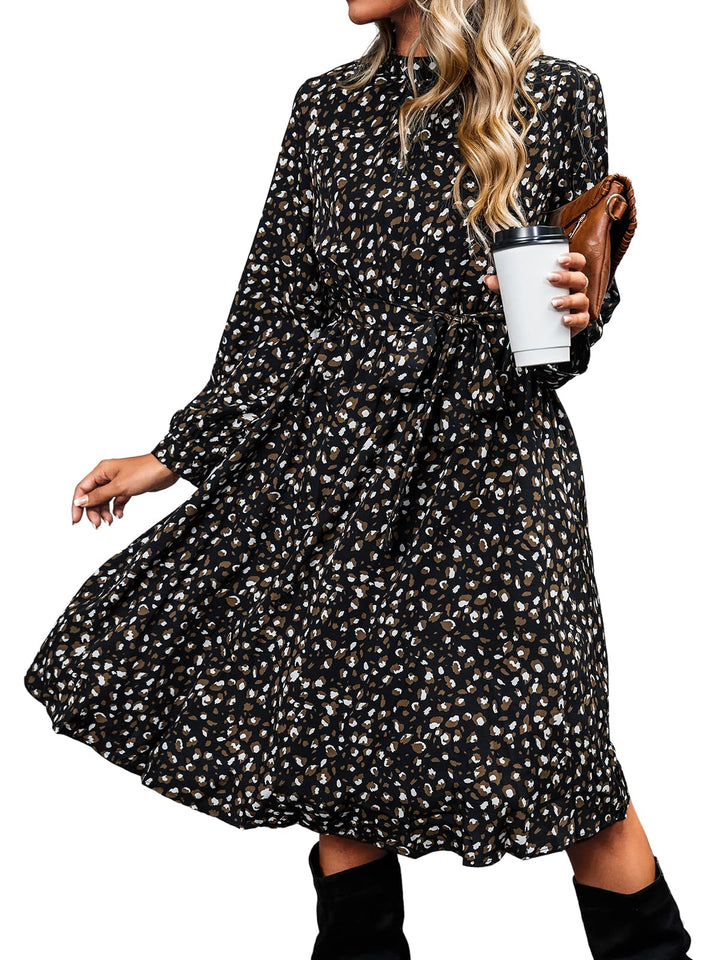 Lior Vestito Donna Leopardo – Collo Alto, Maniche Lunghe & Vita Regolabile A-Line