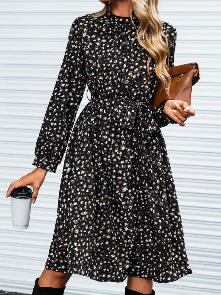 Lior Vestito Donna Leopardo – Collo Alto, Maniche Lunghe & Vita Regolabile A-Line