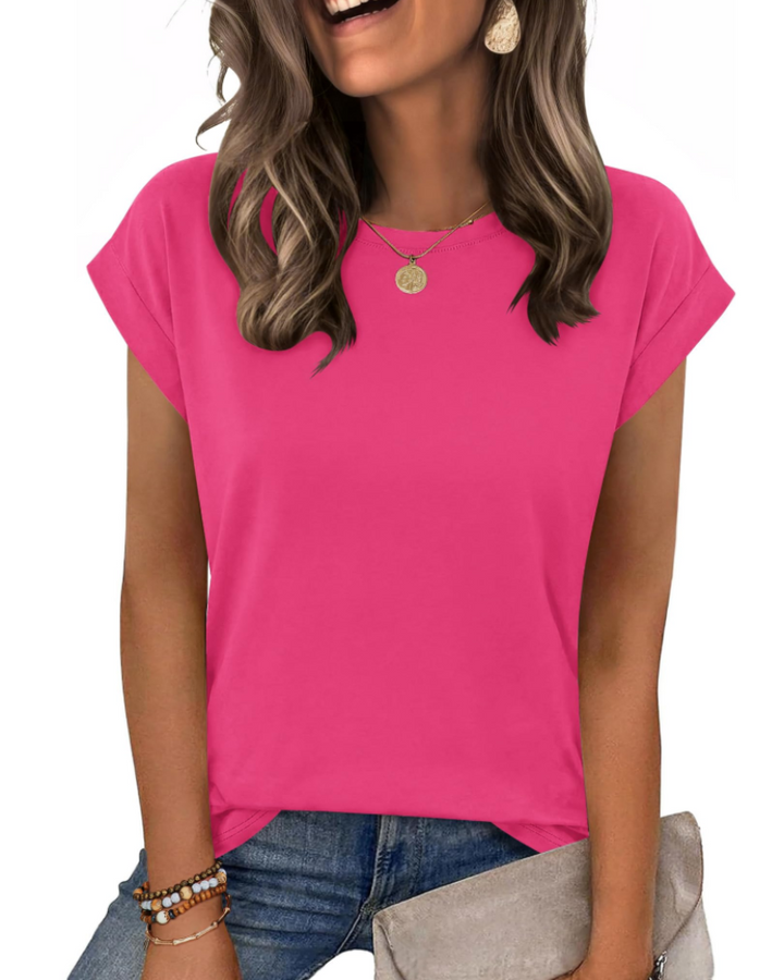 Tricou Nira pentru femei – Guler rotund, mâneci scurte tip capac & top casual elegant versatil