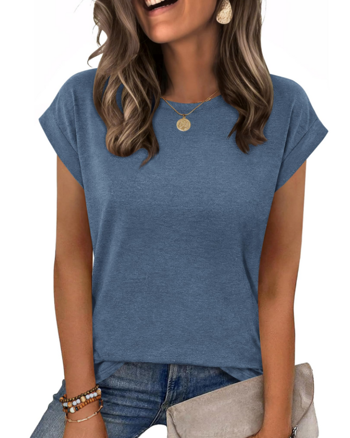 Tricou Nira pentru femei – Guler rotund, mâneci scurte tip capac & top casual elegant versatil