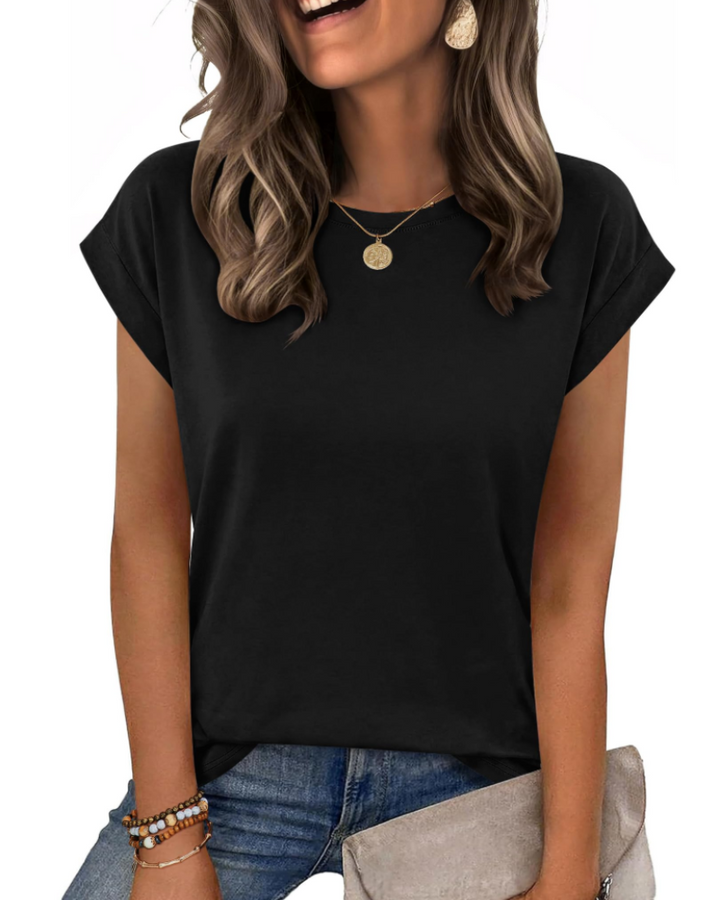 Tricou Nira pentru femei – Guler rotund, mâneci scurte tip capac & top casual elegant versatil