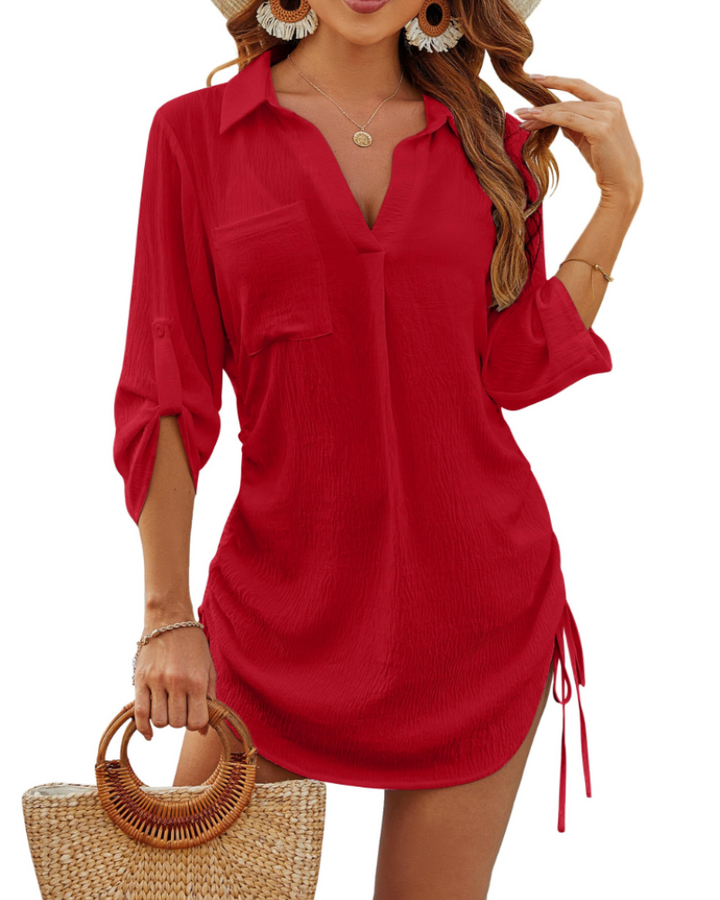 Noemi Damen-Badehemd – Strandbluse mit Kordelzug, 3/4-Ärmeln & Casual-Chic-Stil
