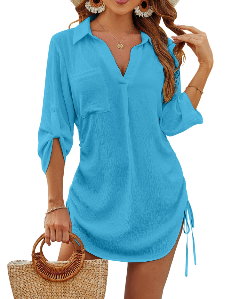 Noemi Damen-Badehemd – Strandbluse mit Kordelzug, 3/4-Ärmeln & Casual-Chic-Stil