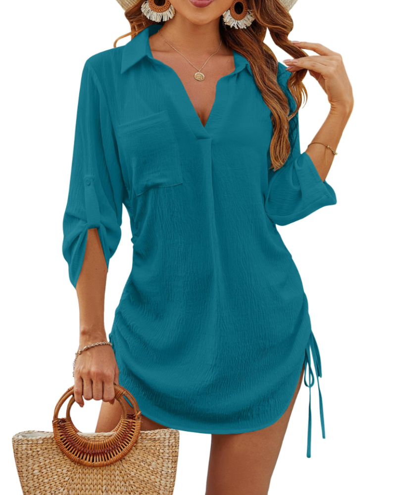 Noemi Damen-Badehemd – Strandbluse mit Kordelzug, 3/4-Ärmeln & Casual-Chic-Stil
