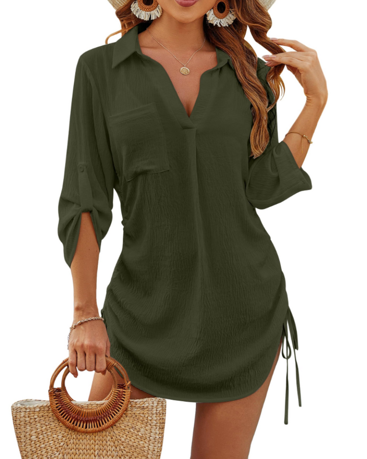 Noemi Damen-Badehemd – Strandbluse mit Kordelzug, 3/4-Ärmeln & Casual-Chic-Stil