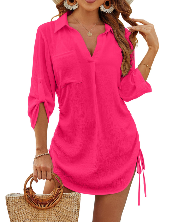 Noemi Damen-Badehemd – Strandbluse mit Kordelzug, 3/4-Ärmeln & Casual-Chic-Stil