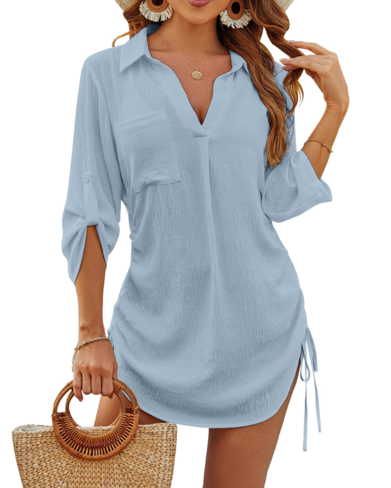 Noemi Damen-Badehemd – Strandbluse mit Kordelzug, 3/4-Ärmeln & Casual-Chic-Stil