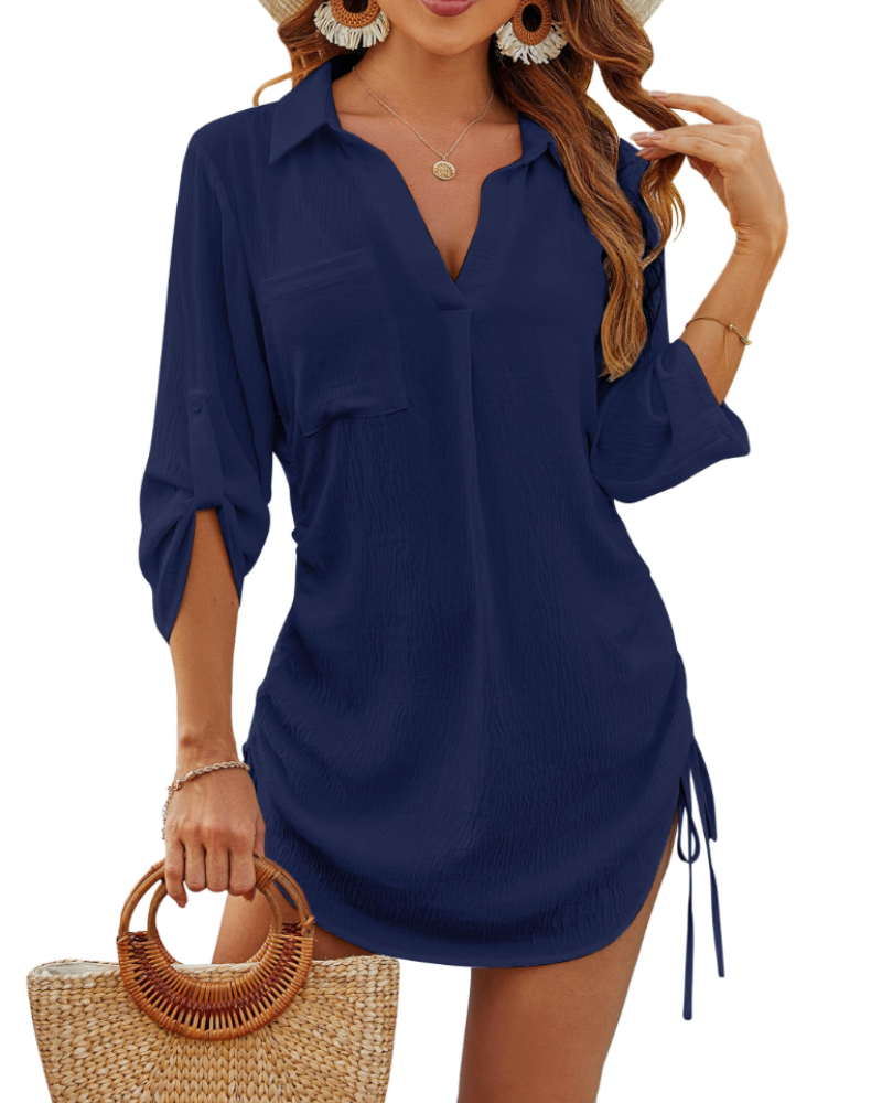 Noemi Damen-Badehemd – Strandbluse mit Kordelzug, 3/4-Ärmeln & Casual-Chic-Stil
