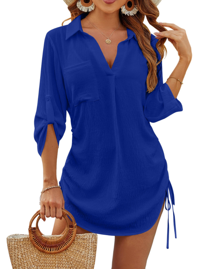 Noemi Damen-Badehemd – Strandbluse mit Kordelzug, 3/4-Ärmeln & Casual-Chic-Stil